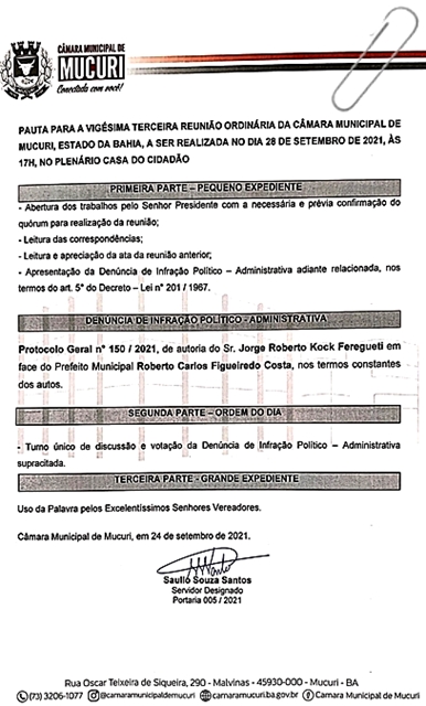 Legislativo vai apreciar denúncia ‘assinada’ por Kock Fereguetti contra o prefeito de Mucuri